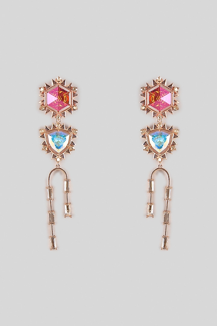 White Rhodium Finish Coral & Blue Swarovski Crystal Dangler Earrings by ESME at Pernia's Pop Up Shop