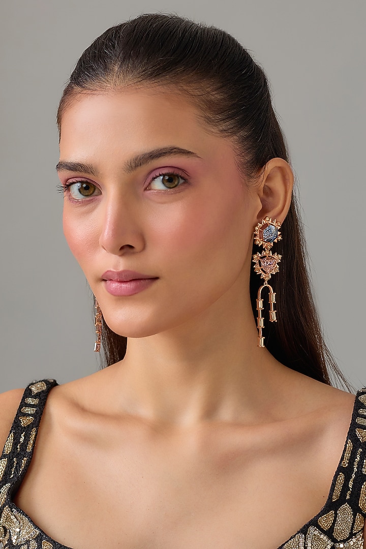 White Rhodium Finish Grey & Gold Swarovski Crystal Dangler Earrings by ESME at Pernia's Pop Up Shop