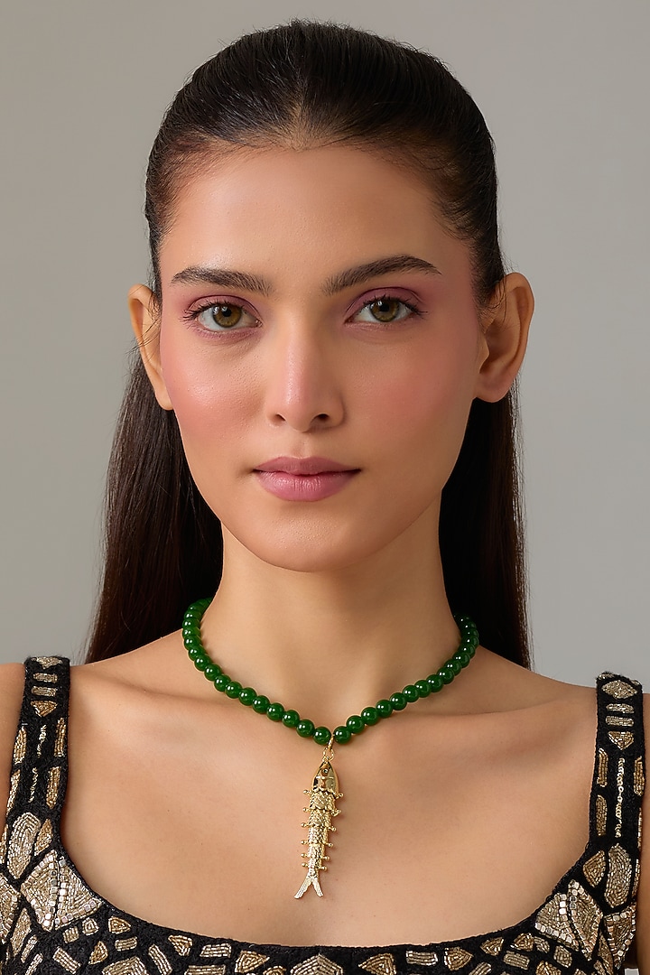 Gold Plated Swarovski Crystal & Emerald Green Beaded Necklace by ESME at Pernia's Pop Up Shop