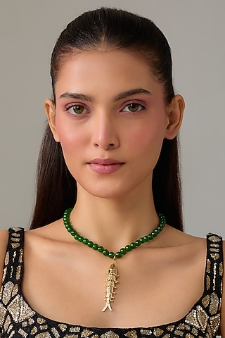Gold Plated Swarovski Crystal & Emerald Green Beaded Necklace by ESME