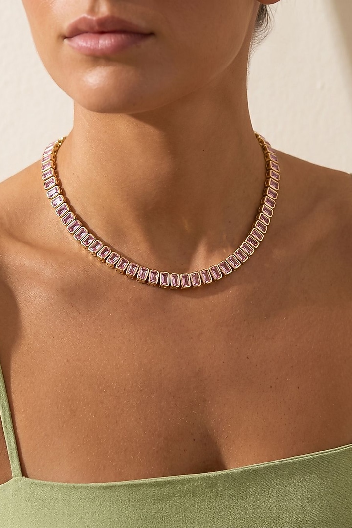 Gold Plated Pink Austrian Crystal Tennis Necklace by ESME at Pernia's Pop Up Shop