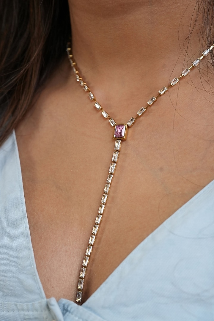 Gold Plated Pink & White Austrian Crystal Lariat Necklace by ESME at Pernia's Pop Up Shop