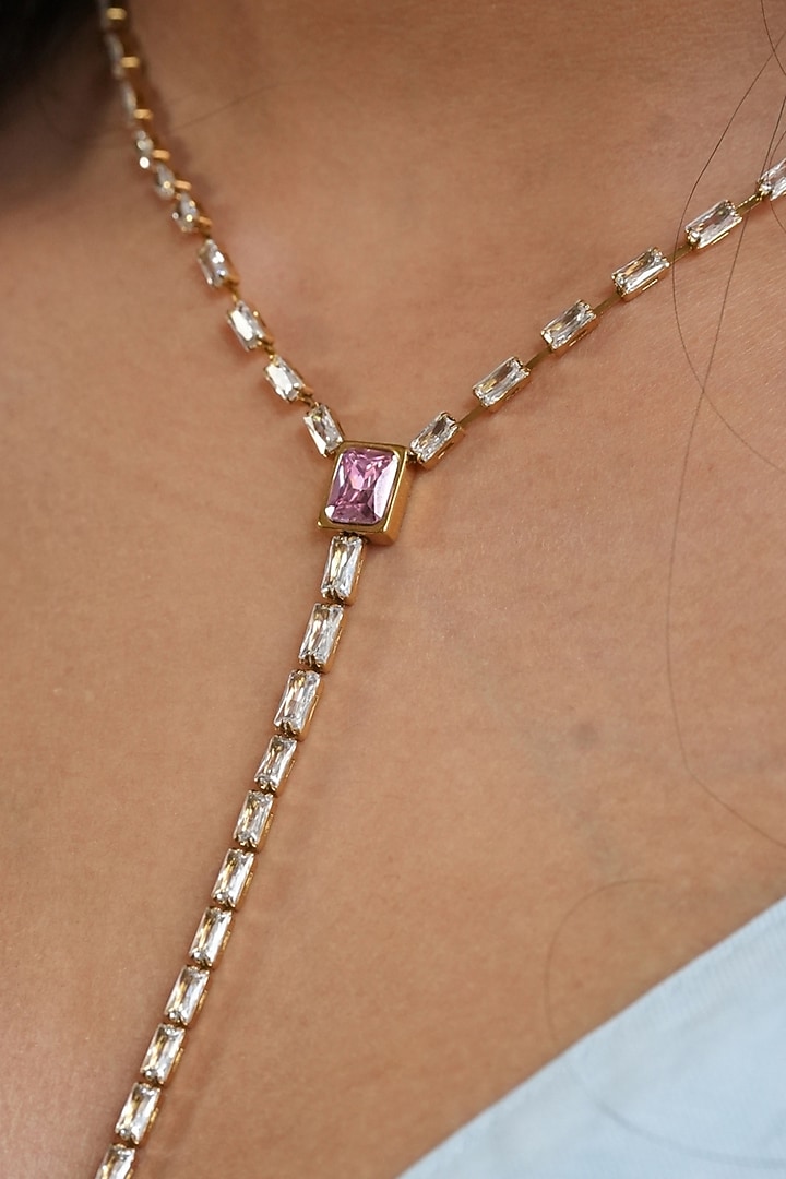 Gold Plated Pink & White Austrian Crystal Lariat Necklace by ESME at Pernia's Pop Up Shop