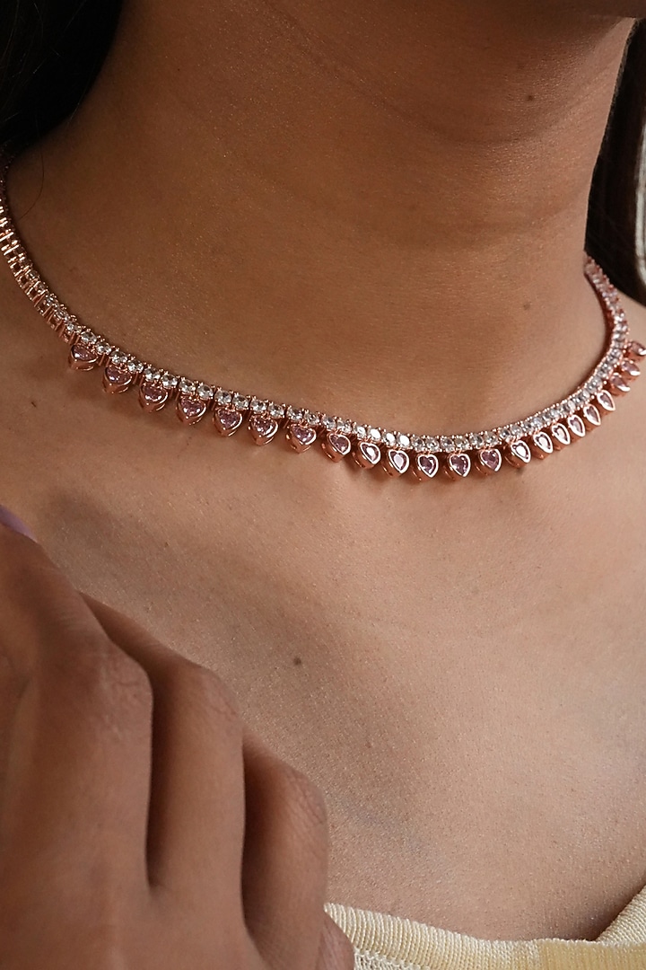 Gold Plated Pink & White Heart-Shaped Austrian Crystal Necklace by ESME at Pernia's Pop Up Shop