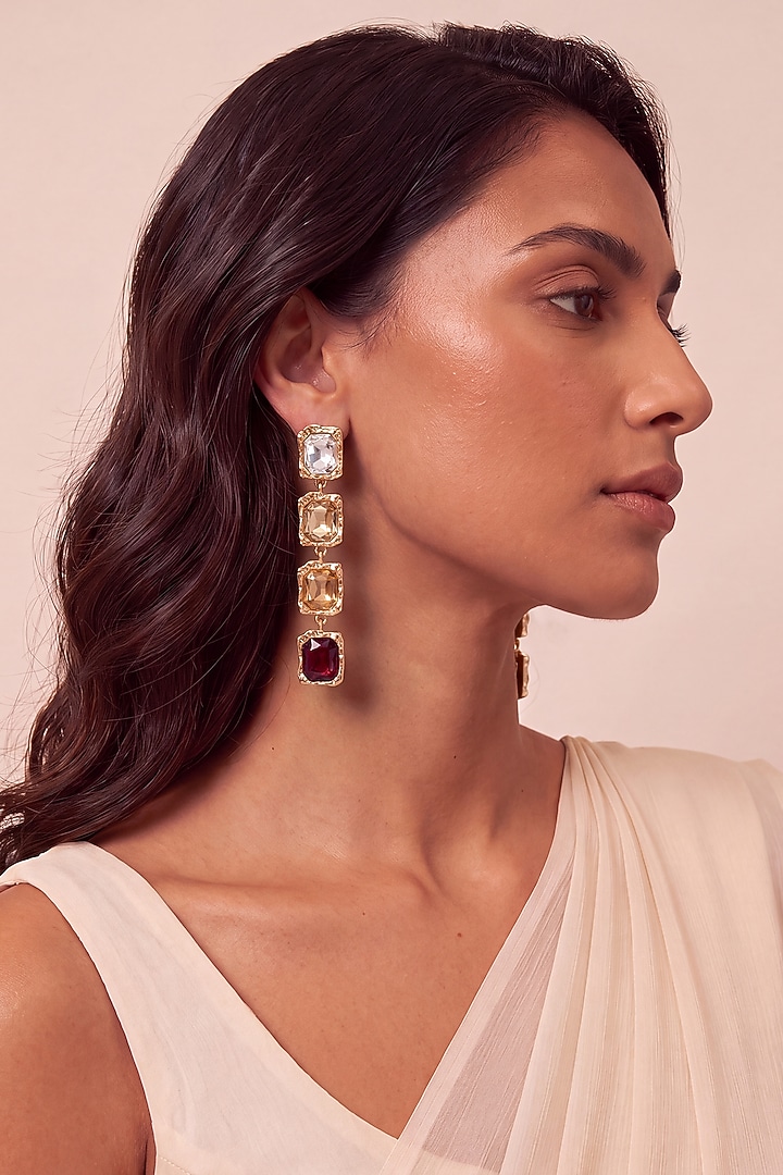 Gold Finish Emerald-Cut Austrian Dangler Earrings by ESME at Pernia's Pop Up Shop
