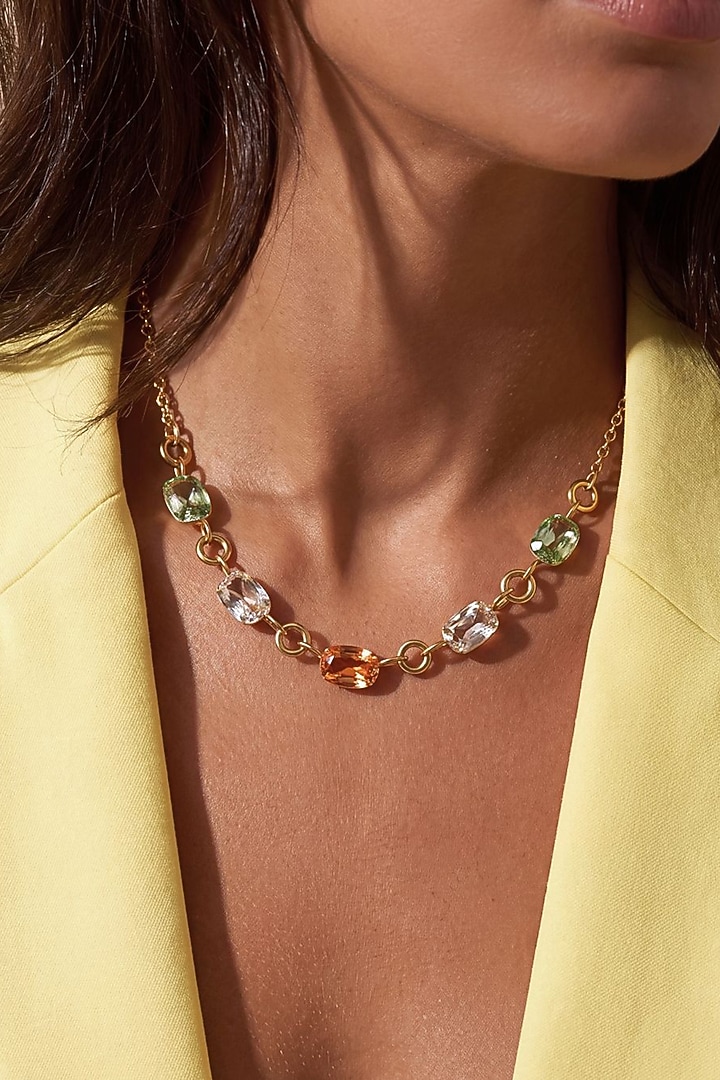 Gold Finish Multi-Colored Austrian Crystal Prism Mosaic Necklace by ESME at Pernia's Pop Up Shop