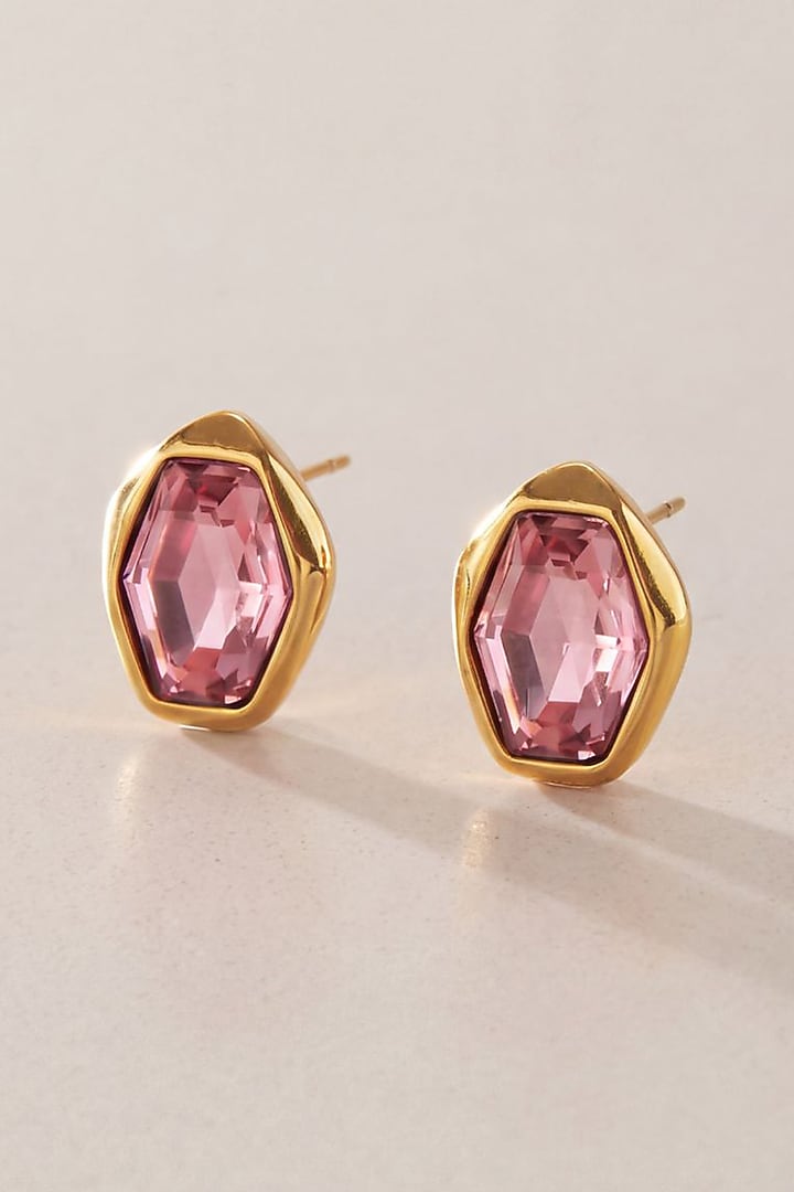 Gold Finish Pink Austrian Crystal Stud Earrings by ESME at Pernia's Pop Up Shop