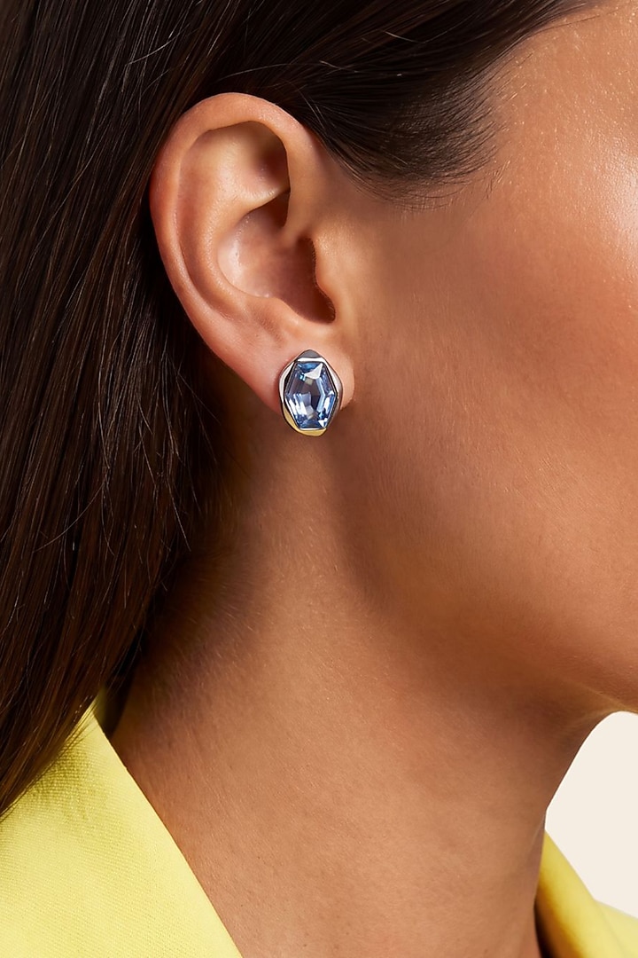 Gold Finish Blue Austrian Crystal Stud Earrings by ESME at Pernia's Pop Up Shop