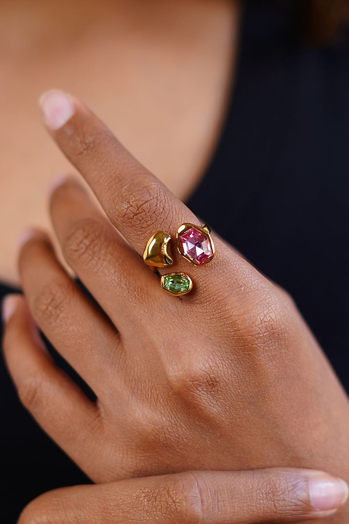 Gold Finish Pink & Green Austrian Crystal Ring by ESME at Pernia's Pop Up Shop