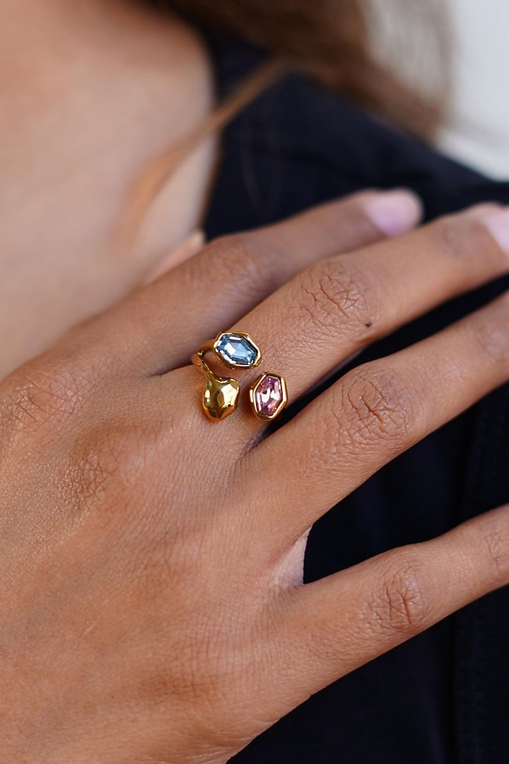 Gold Finish Pink & Blue Austrian Crystal Ring by ESME at Pernia's Pop Up Shop