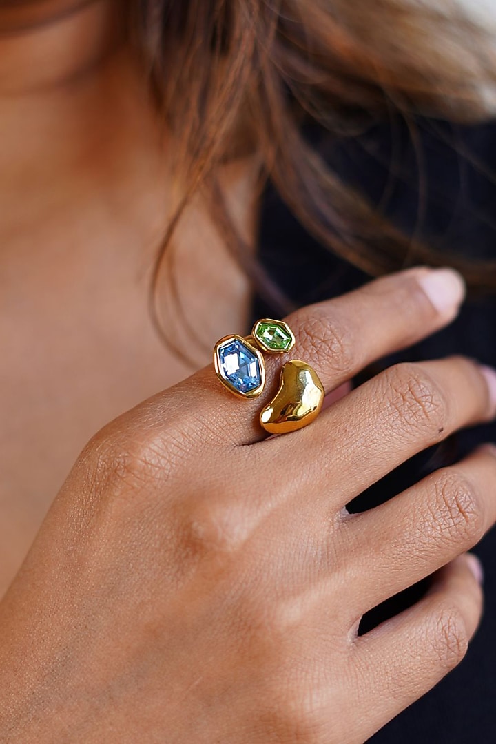Gold Finish Green & Blue Austrian Crystal Ring by ESME at Pernia's Pop Up Shop