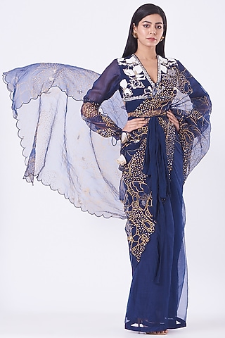 Navy Organza Printed Saree Set by Ek Soot