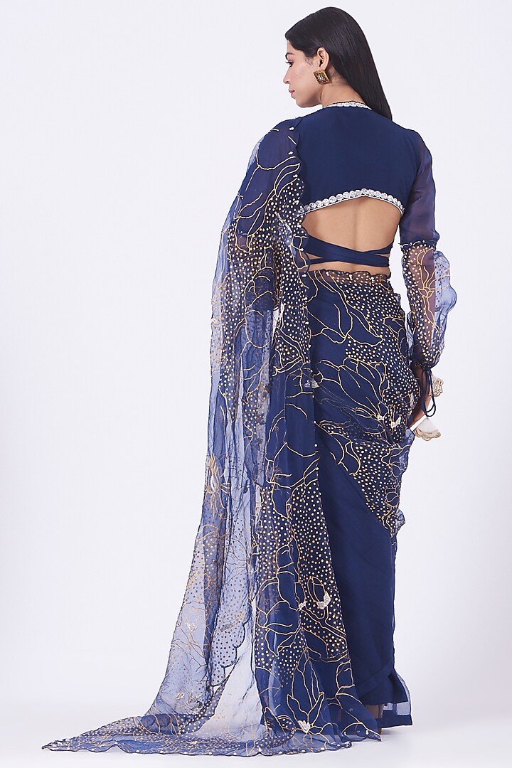 Navy Organza Printed Wedding Saree Set by Ek Soot at Pernia's Pop Up Shop