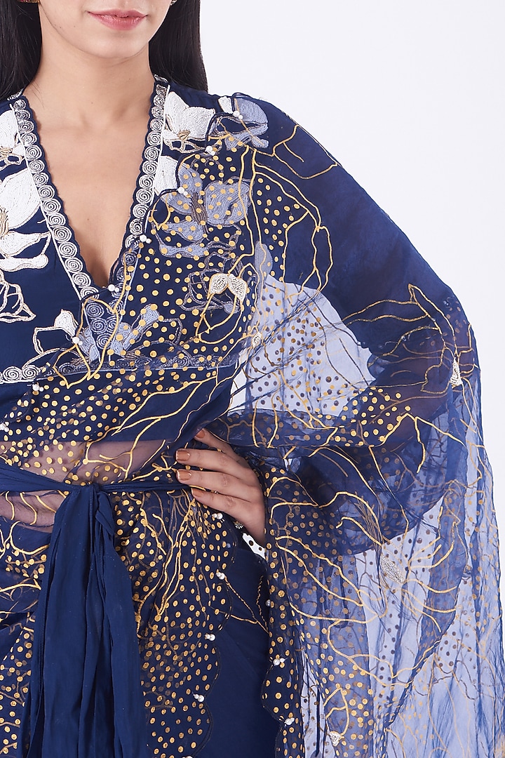 Navy Organza Printed Wedding Saree Set by Ek Soot at Pernia's Pop Up Shop