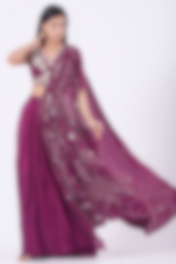 Purple Draped Saree Set by Ek Soot