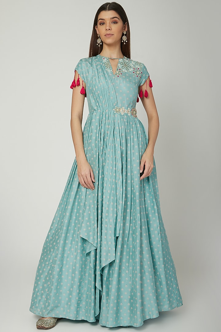AQUA CHEVRON PRINTED ANARKALI WITH DUPATTA main image 1
