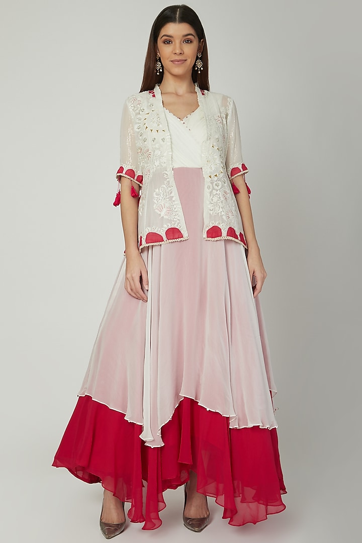 Off White Anarkali With Embroidered Jacket by Ek Soot
