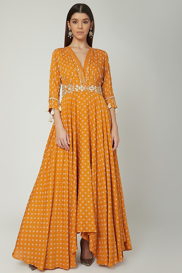 Mango Yellow Printed Anarkali With Embroidered Belt by Ek Soot
