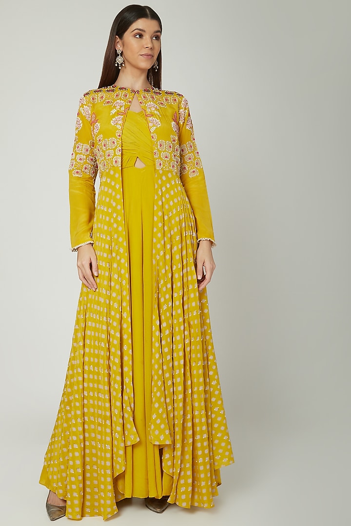 Mustard Jumpsuit With Printed & Embroidered Jacket by Ek Soot