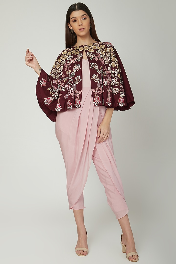 Light Pink Dhoti Jumpsuit With Embroidered Jacket by Ek Soot