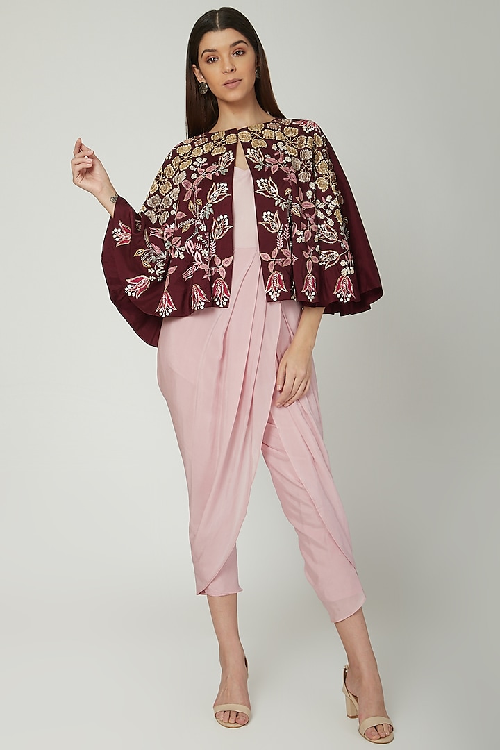 Light Pink Dhoti Jumpsuit With Embroidered Jacket by Ek Soot at Pernia's Pop Up Shop