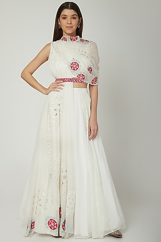 Off White Embroidered Draped Lehenga Set by Ek Soot