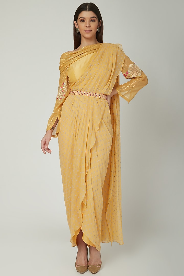 Pale Yellow Printed & Embroidered Party Wear Saree Set by Ek Soot at Pernia's Pop Up Shop