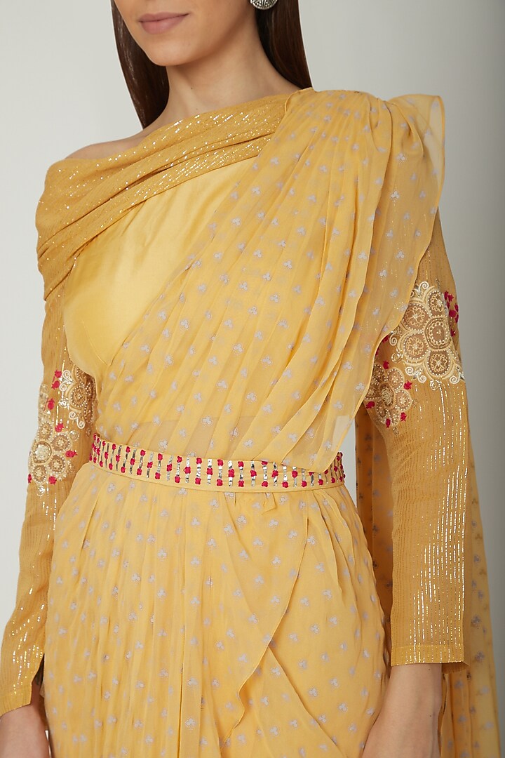 Pale Yellow Printed & Embroidered Party Wear Saree Set by Ek Soot at Pernia's Pop Up Shop