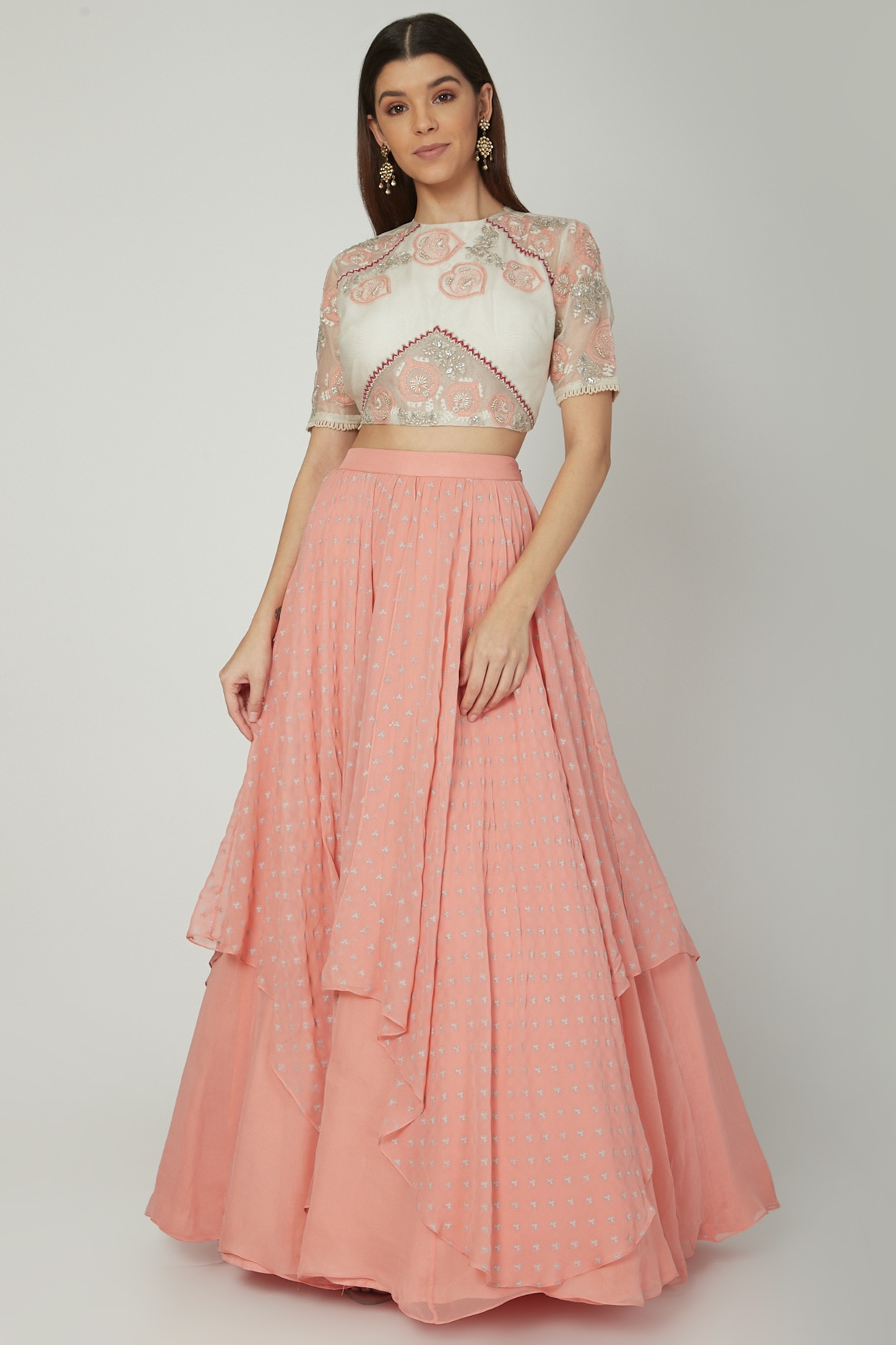 Exclusive Peach Color Embroidered Wedding Wear Lehenga Choli In Crepe