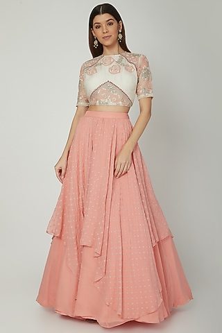 Dusty Peach Lehenga With White Embroidered Blouse by Ek Soot