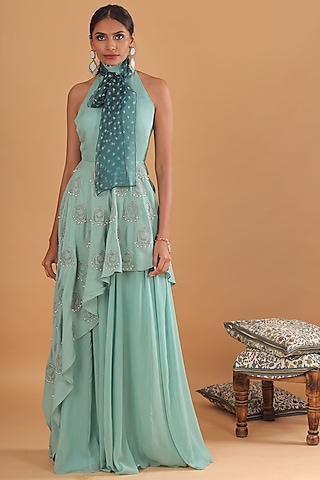 Sea Green Embroidered Sharara Set by Ek Soot