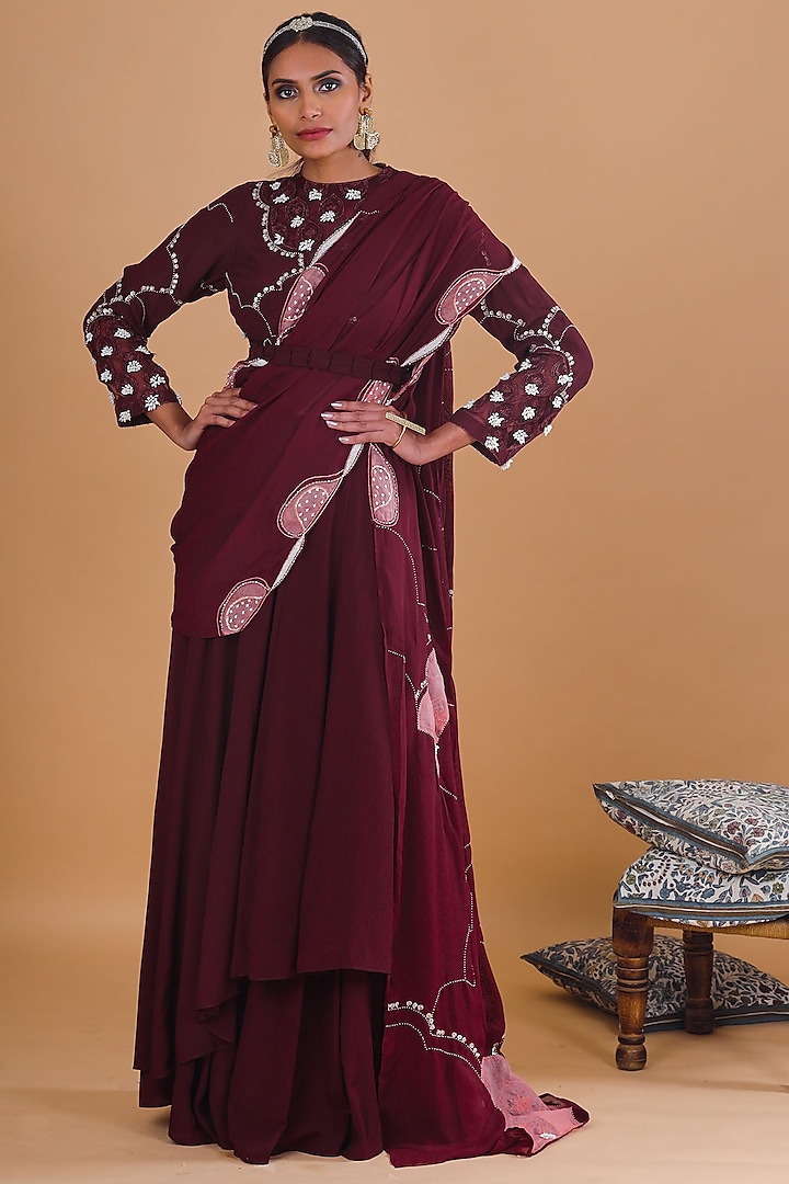 Burgundy Embroidered Skirt Set by Ek Soot