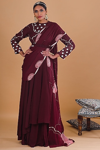 Burgundy Embroidered Skirt Set by Ek Soot