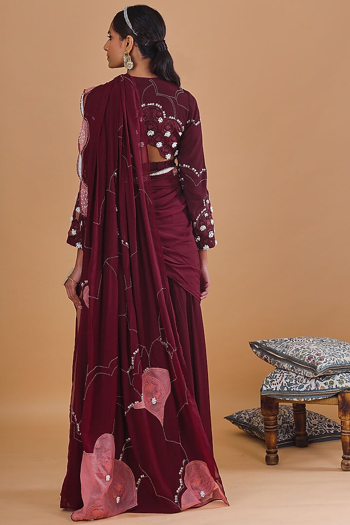 Burgundy Embroidered Skirt Set by Ek Soot at Pernia's Pop Up Shop