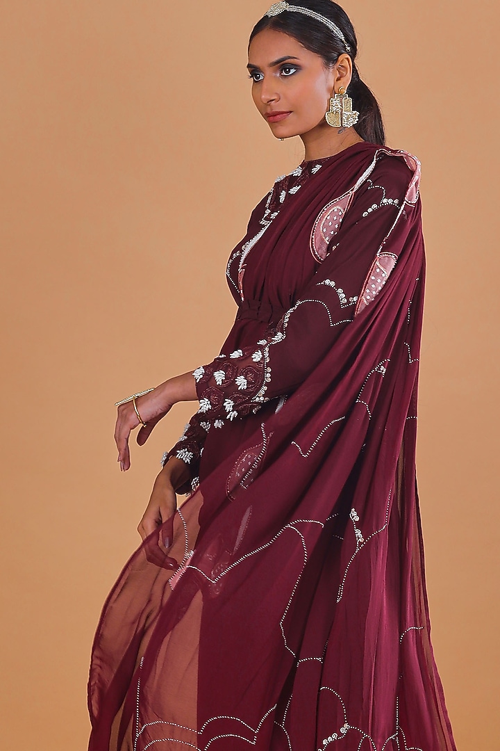 Burgundy Embroidered Skirt Set by Ek Soot at Pernia's Pop Up Shop