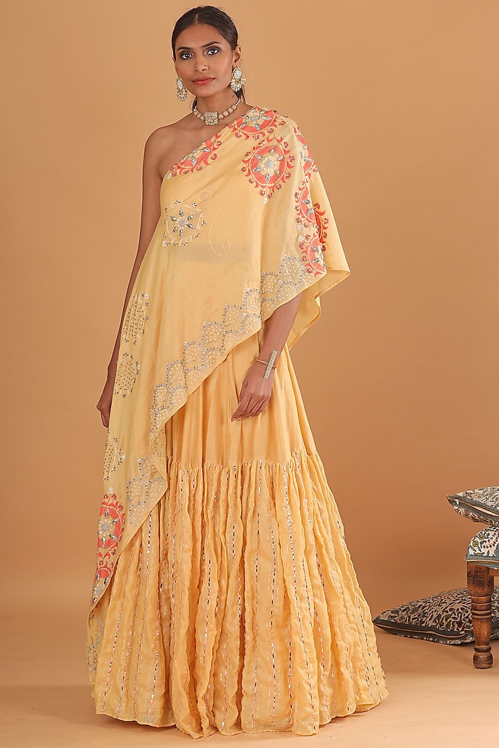 Pale Yellow Embroidered Skirt With Cape by Ek Soot