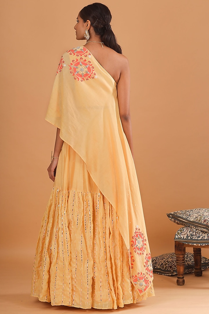 Pale Yellow Embroidered Skirt With Cape by Ek Soot at Pernia's Pop Up Shop