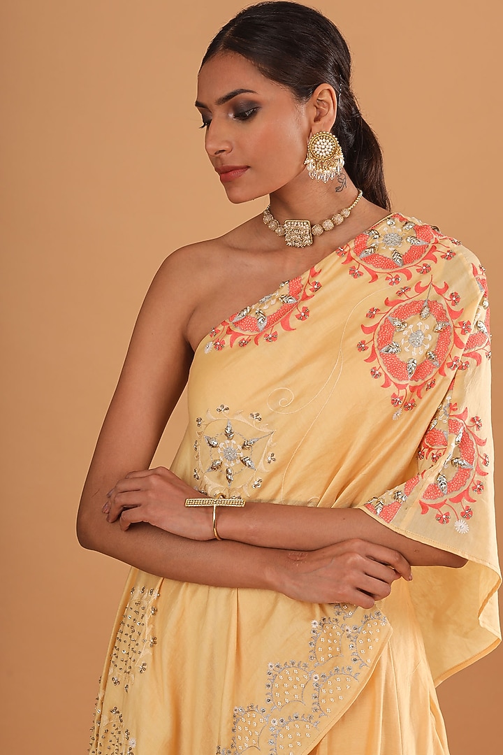 Pale Yellow Embroidered Skirt With Cape by Ek Soot at Pernia's Pop Up Shop