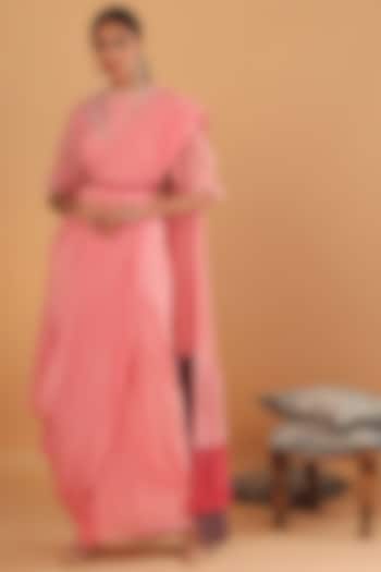 Pink Embroidered Draped Triple Layered Saree by Ek Soot