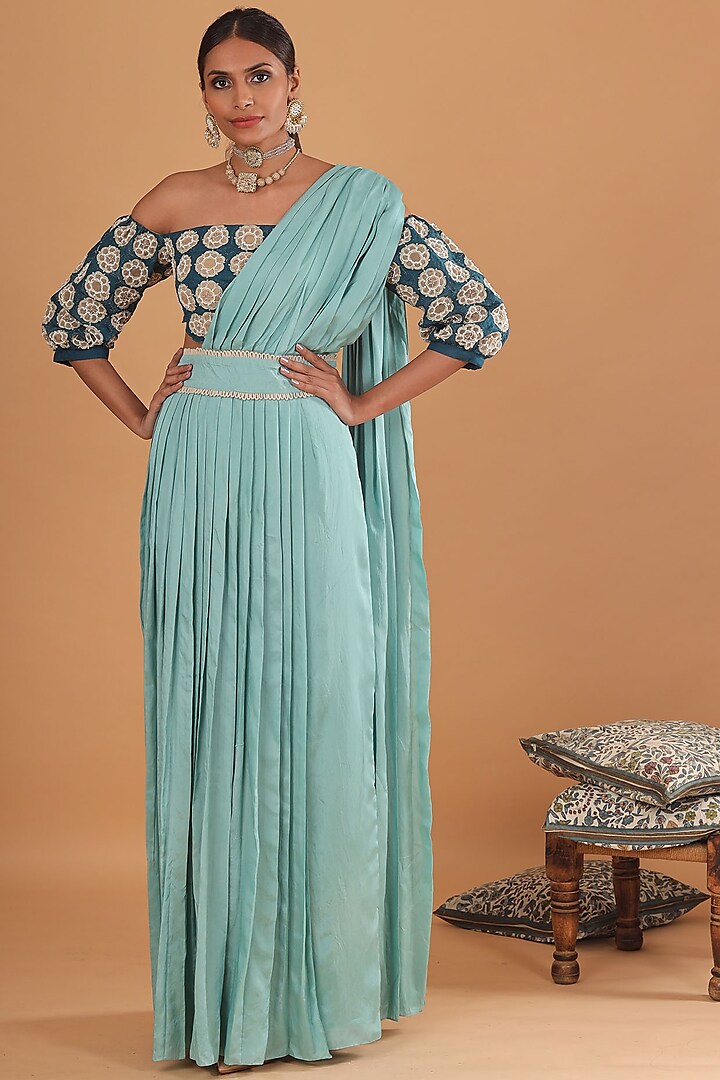 Teal Blue & Aqua Blue Embroidered Pant Saree Set by Ek Soot