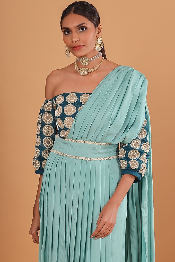 Teal Blue & Aqua Blue Embroidered Pant Wedding Saree Set by Ek Soot at Pernia's Pop Up Shop