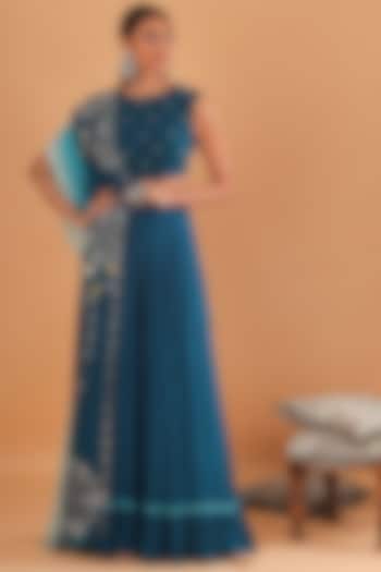 Teal Blue Embroidered Jumpsuit With Attached Dupatta by Ek Soot