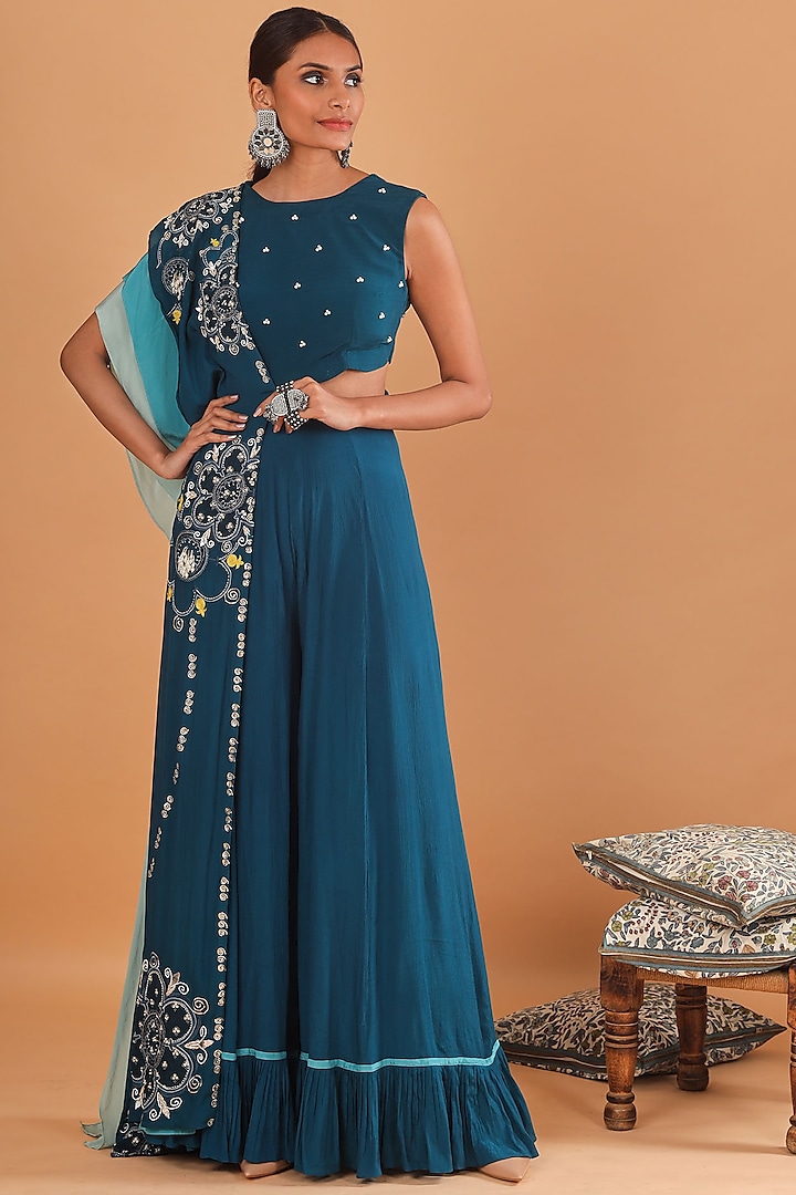 Teal Blue Embroidered Jumpsuit With Attached Dupatta by Ek Soot