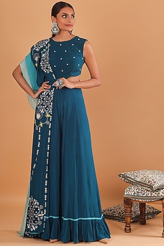 Teal Blue Embroidered Jumpsuit With Attached Dupatta by Ek Soot