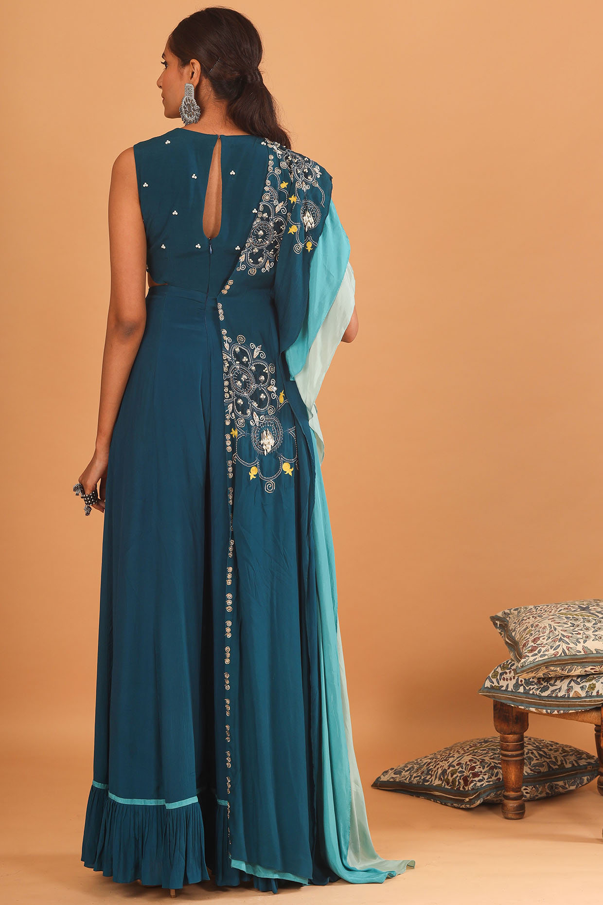 Light Grey Floral Belted Maxi Kurta with Attached Dupatta - Absolutely Desi