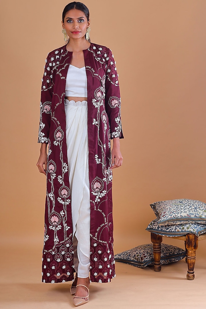 Burgundy Embroidered Jacket Set by Ek Soot