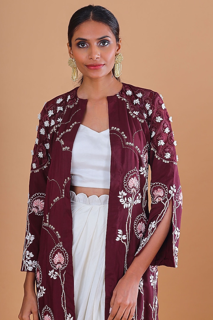 Burgundy Embroidered Jacket Set by Ek Soot at Pernia's Pop Up Shop