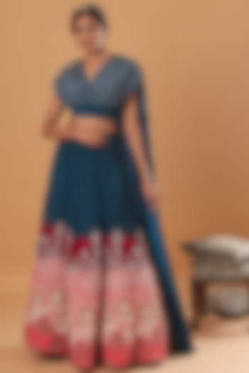 Teal Blue Embroidered Skirt Set by Ek Soot at Pernia's Pop Up Shop