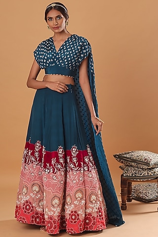 Teal Blue Embroidered Skirt Set by Ek Soot