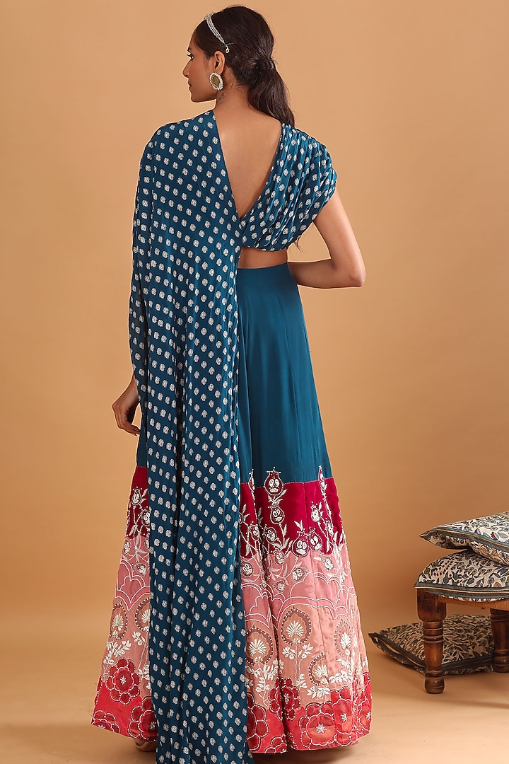 Teal Blue Embroidered Skirt Set by Ek Soot at Pernia's Pop Up Shop